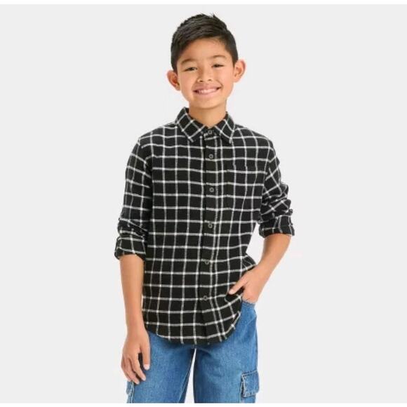 Cat & Jack NWT Boys' Long Sleeve Flannel Button-Down Shirt Black Size M (8) - Picture 1 of 9